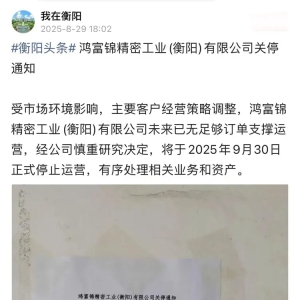 突发！网传衡阳富士康突然宣布关停，称订单不足，将依法经济补偿 ...